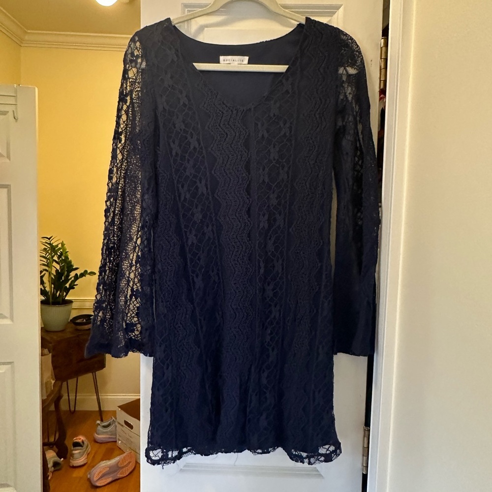 Navy lace midi dress, long sleeved, zipper back, slip inside.